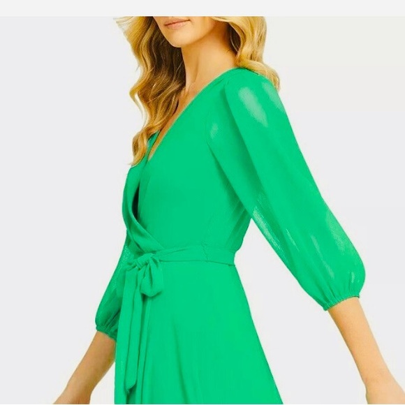 DKNY Dress Chiffon Faux-Wrap VNeck Balloon Slv Bright Apple Green Sz 16 - Picture 5 of 13